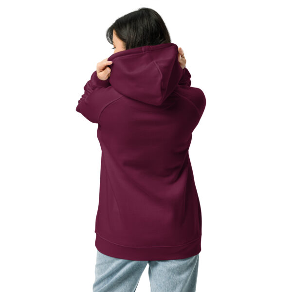 unisex-eco-raglan-hoodie-burgundy-back-6919b38ace10f-1.jpg Lieblingshoodie mit Huhn (Bio)